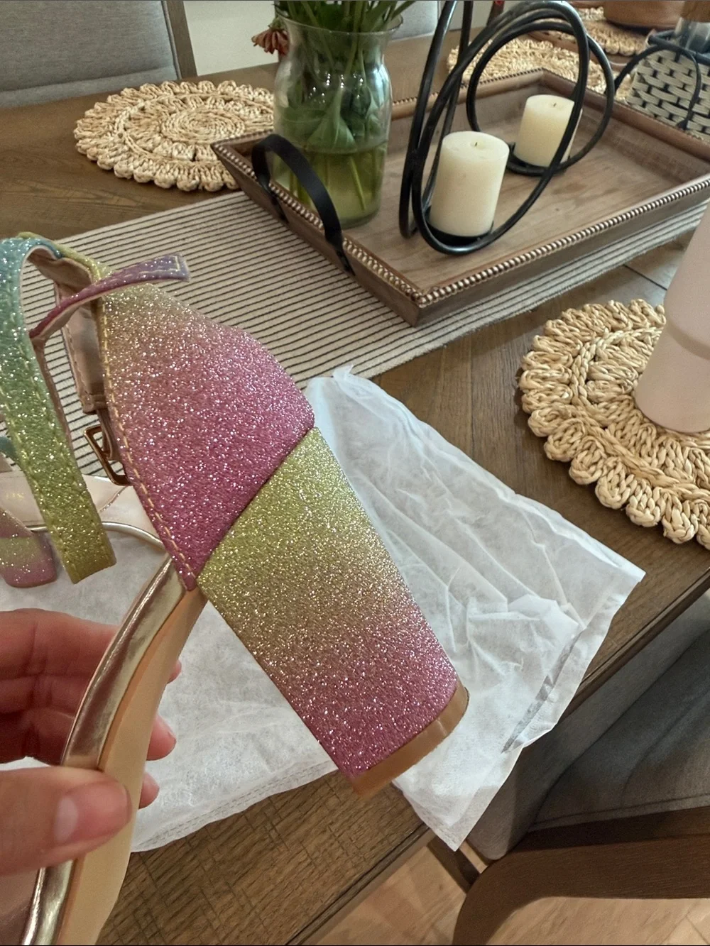 Glitter Ombre Block Heel Sandals - Pink Green
